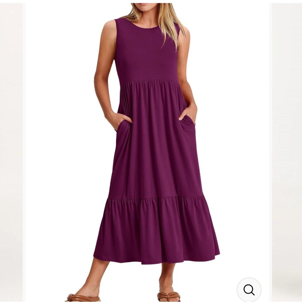 ANRABESS Tiered Maxi Dress Sleeveless Burgundy Pockets Casual Boho Medium - Picture 3 of 4